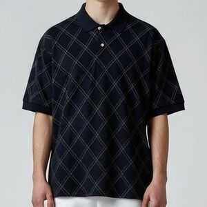 David Taylor Collection Men's Medium‎ Blue Diamond Print Polo Shirt Short Sleeve